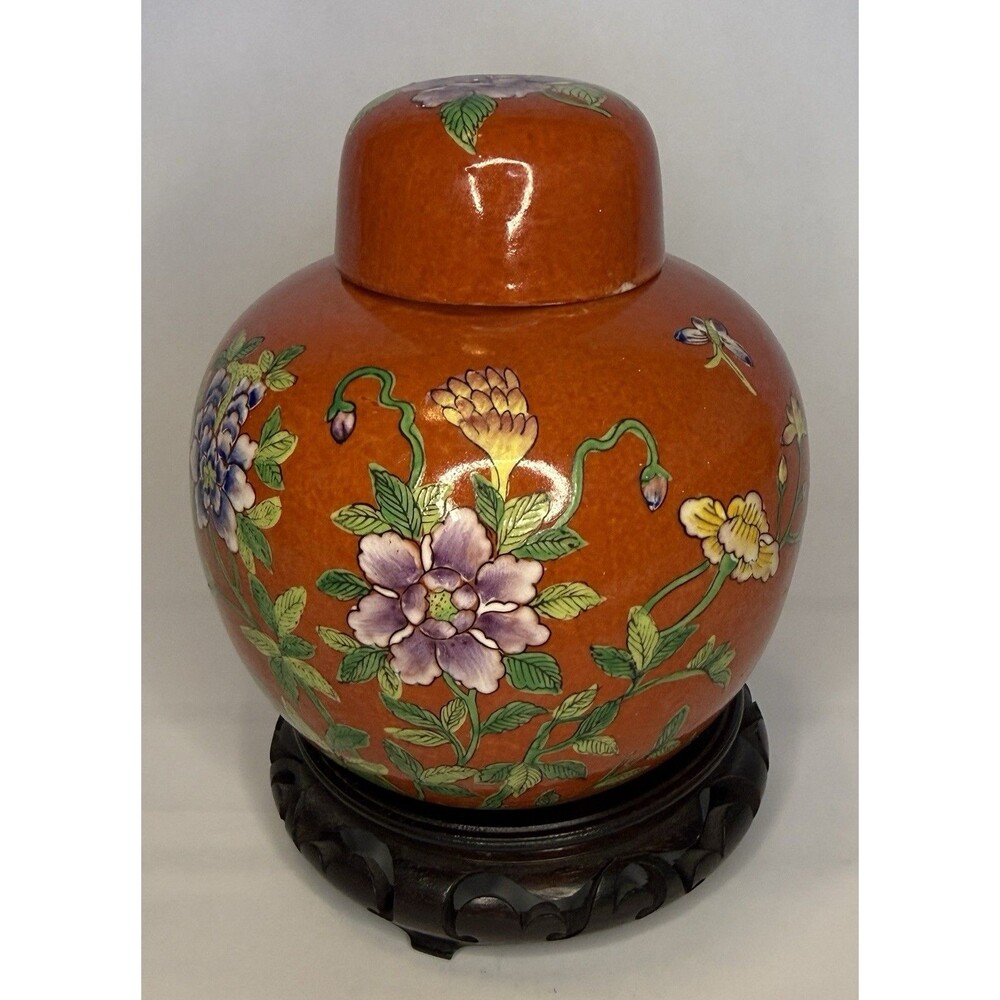 Japanese Ginger Jar Floral Hand Painted Porcelain Orange w Lid & Wood Stand VTG